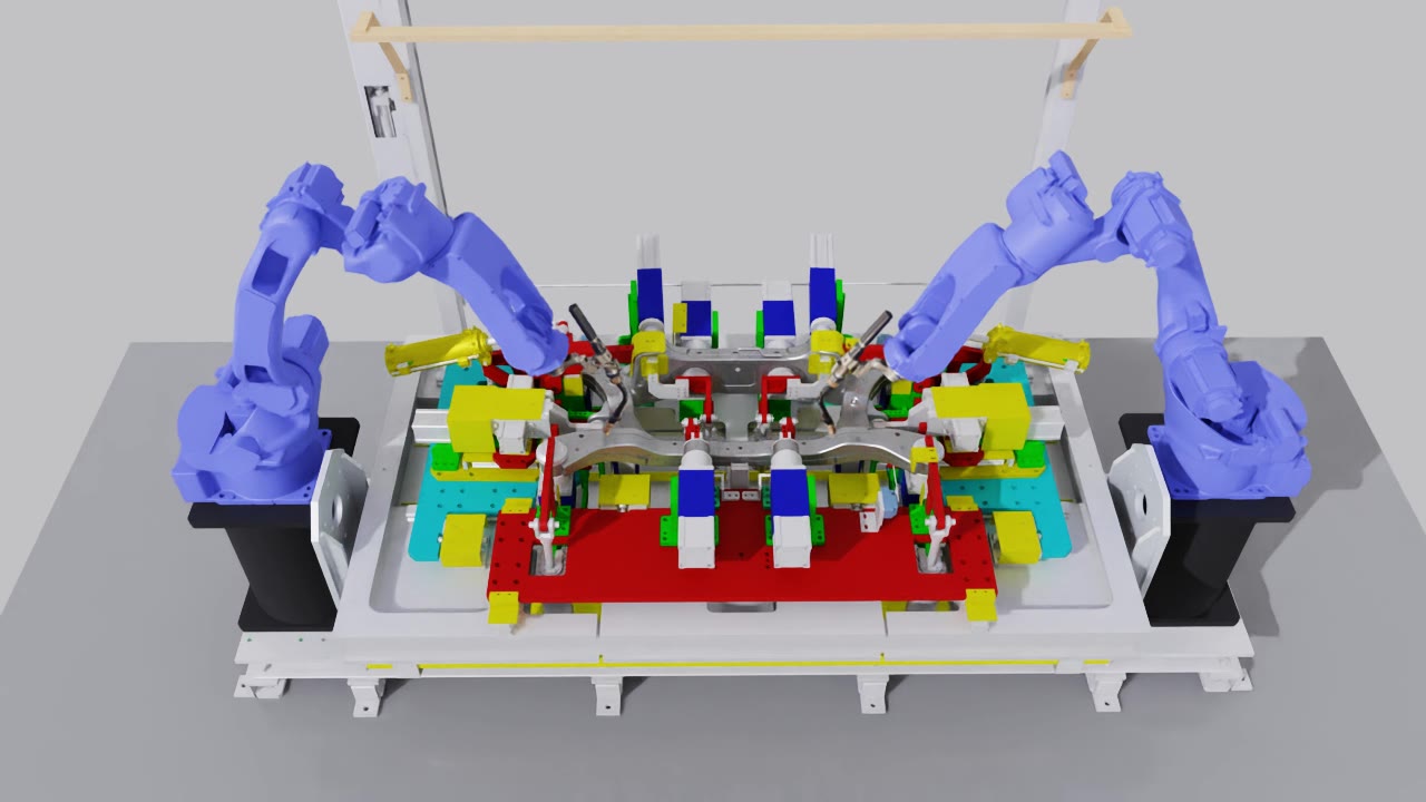 Two Yaskawa AR2010 robots welding a car-body sub-assembly held in a fixture jig