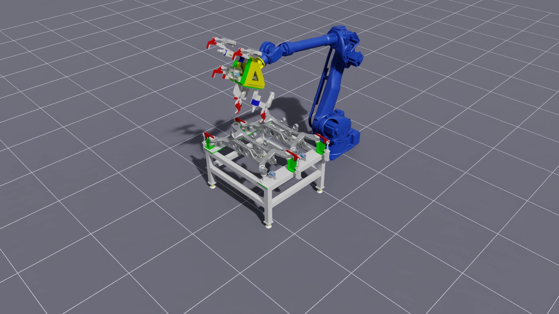 Digital Twin — Motoman MH180 handling robots in the Isaac Sim cell